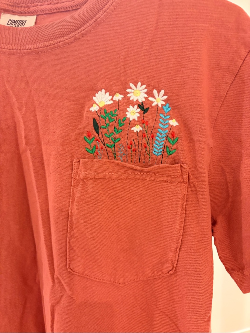 Comfort Colors Rust Orange Short Sleeve Pocket Tee with Floral Embroidery - Picture 2 of 3